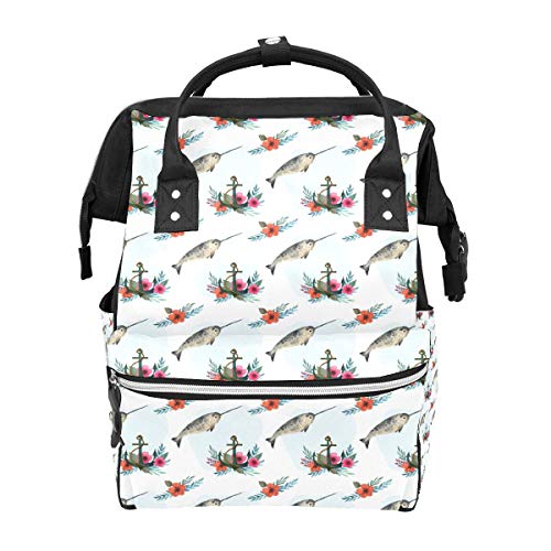 Reise-Wickeltasche Aquarell-Schwertfisch & Blumen-Anker Multifunktionale Babytasche Reiserucksack Funktionelle Schultasche für Damen Herren