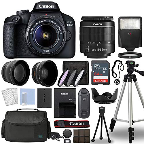 Canon EOS 4000D / Rebel T100 Digital SLR Camera Body w/Canon EF-S 18-55mm f/3.5-5.6 Lens 3 Lens DSLR Kit Bundled with Complete Accessory Bundle + 64GB + Flash + Case & More - International Model by Canon - Used condition - US$306.05