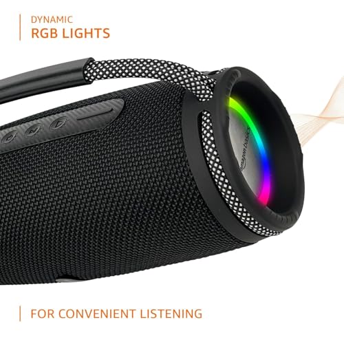 Image of amazon basics Bluetooth 16W Speaker, with TWS Function, Powerful Bass, BT 5.3, MicroSD Card Slot, RGB Lights, AUX Input, USB Support, and in-Built Noise Cancelling Mic (Black)