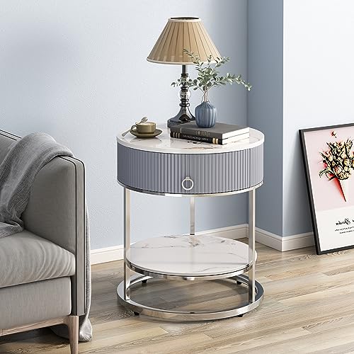 Oiog Modern End Table With Drawer, 2 Tier Side Table With Shelf, Round Nightstand With Sintered Stone Tabletop And Chrome Legs For Living Room thumb #6