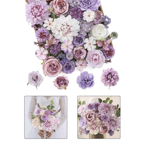 KiraKira Caja de flores artificiales de seda, mezcla de dalias, rosas, peonías, tallos, bricolaje, arreglos de mesa para despedidas de soltera