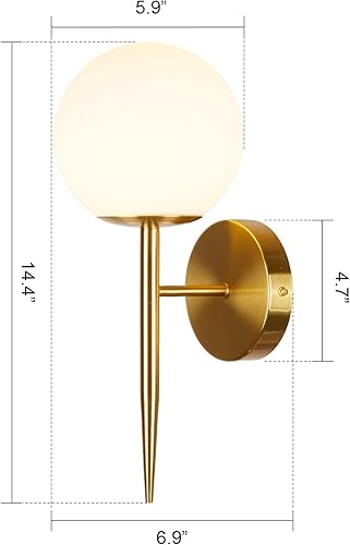 Miniatura 2 de Juego de 2 apliques de pared modernos de globo dorado, lámpara de pared industrial de mediados de siglo con pantalla de vidrio de globo blanco,