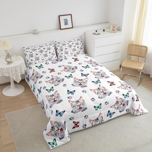 Image of Feelyou Kids Cute Cat Comforter Set Colorful Butterfly Cute Kitten Bedding Set for Boys Girls Cartoon Pet Cats Comforter Kawaii Animal Quilt Room Decor Duvet Set Full Size Boys