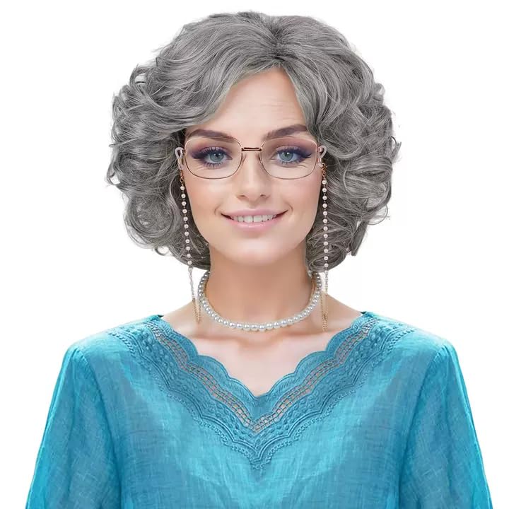 Old Lady Wig with100th Day of School Costume Set for Women Granny Grandma Costumes Short Curly Grey Heat Resistant Synthetic Wig for Halloween Cosplay