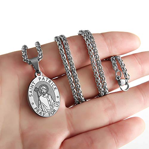 P. BLAKE Oval Saint Christopher/Michael/Joseph/Jude/Virgin Mary/Joseph/Francis/Patrick/Anthony/Benedict/Thomas Necklace for Men Women, Stainless Steel Catholic Patron Pendant with Chain 24 Inches