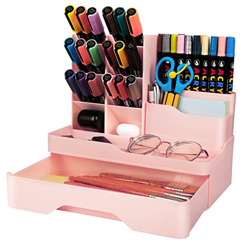 Owelth Porte Stylo Bureau avec Tiroir 5 Pièces, Organisateur de Bureau Rose en Plastique, Multifonctionnel Rangement Bureau Organisateur Crayon Enfant pour Papeterie, Bureau, Maison, école