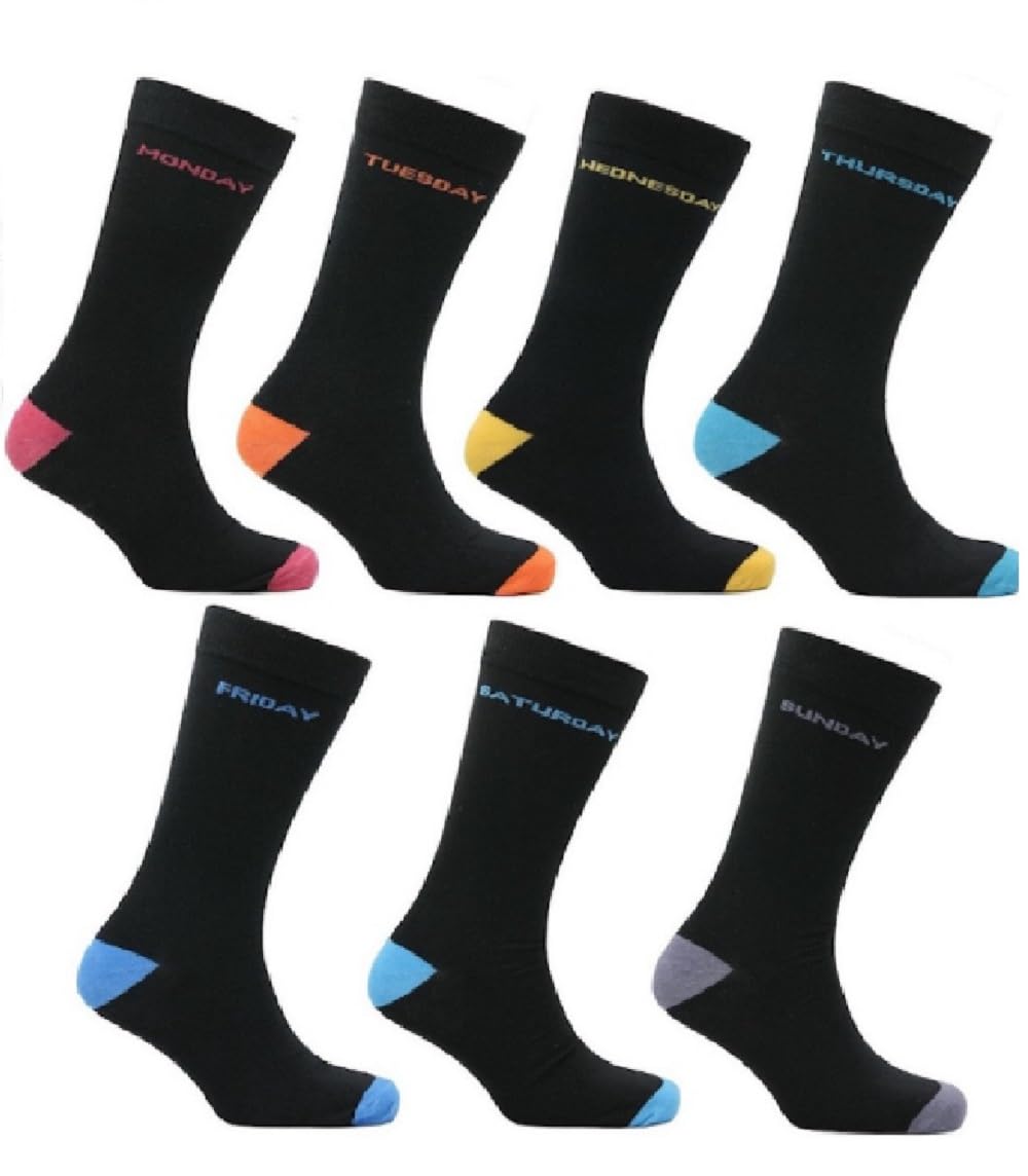 OnlyBee 7 Pairs of Men's Days of the Week Socks Cotton Rich Socks with Coloured Heel & Toe UK Size 6 to 11 Novelty Gift