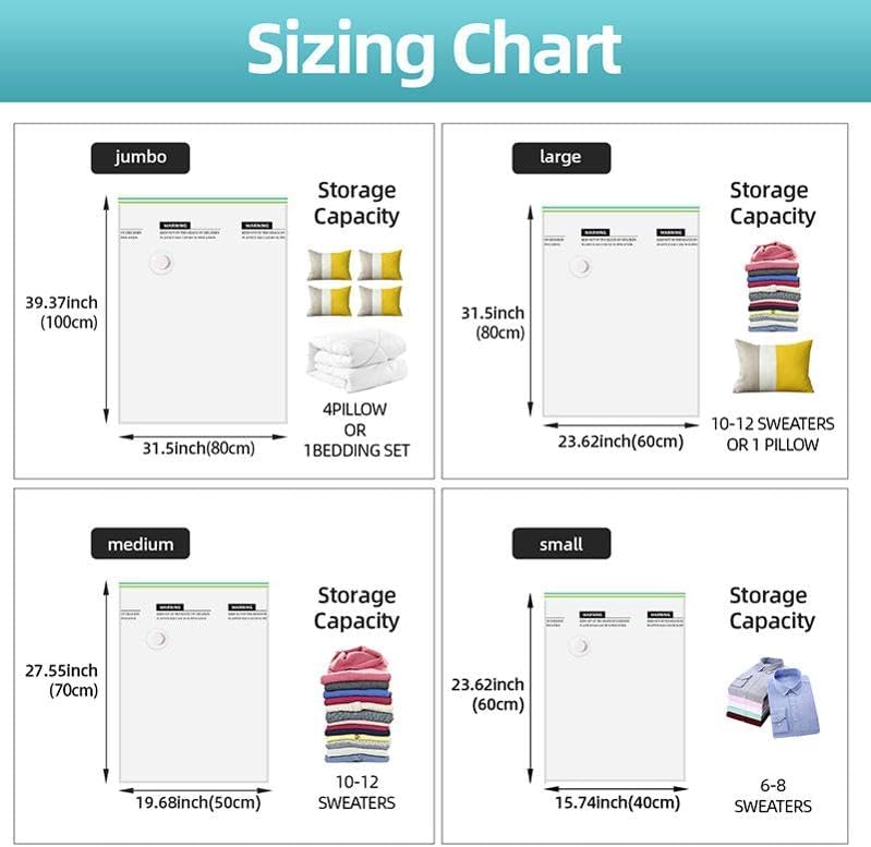 Miniatura 8 de Juego de 8 bolsas de almacenamiento al vacío, bolsas de almacenamiento selladas al vacío (2 pequeñas + 2 medianas + 2 grandes + 2 jumbo) con bomba