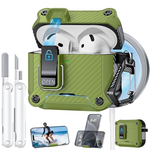 Image of Dual Safety Lock for AirPods 4 Case 2024, Compatible with MagSafe - Designed with Automatic Switch and Phone Stand, Includes a Cleaner & Keychain - Rugged Tough Hard Shell for Apple AirPods 4