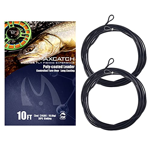 Maxcatch Fly Fishing Polyleader Line Monofilament Core for 7ft Trout and 10ft Salmon 3-6ips Floating/Sinking 10-25lb 2pcs (Black Sink 3ips (Salmon), 10ft 24lbs)