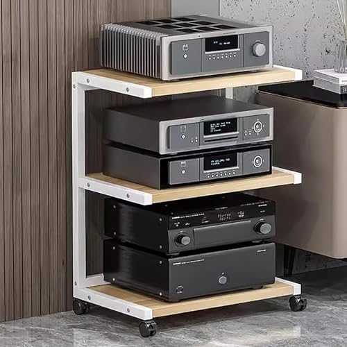 Estante multimedia de 3 niveles con soporte giratorio de almacenamiento de discos para reproductor de DVD, consola de juegos, enrutador WiFi, color blanco