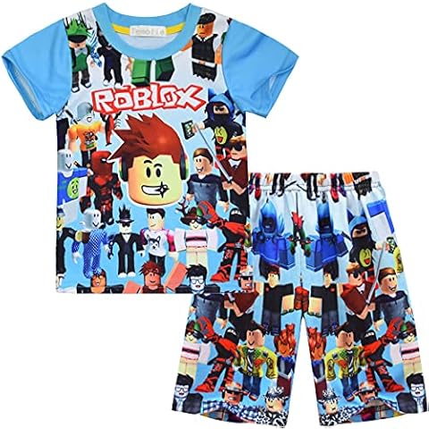 Temolie Roblox Pjs for Boys Short Sleeve T-shirt Pants Nightwear Set Girls 3D Gaming Character Sleepwear Kids Pajamas 2Pcs(130) Blue Cover