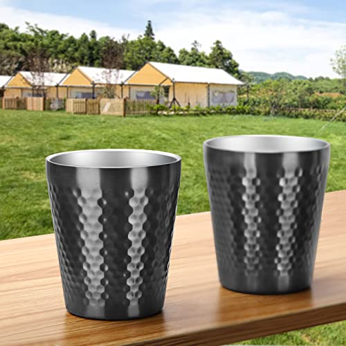 Tiicoo Stainless Steel Cups 2 Packs 10Oz/300Ml Stackable Double Wall Insulated Metal Shatterproof Cups Titanium-Plated Diamond Textured Surface Heat Resistant Dishwasher Safe (Black) #TOP5