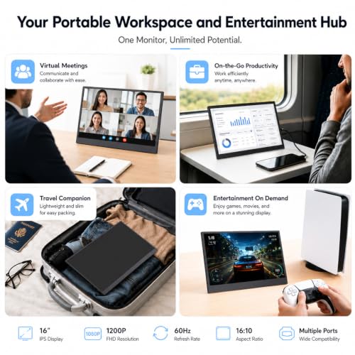 Image of 16 Inch Portable Monitor for Laptop, FHD 1200P IPS Portable Laptop Monitor with HDMI Type-C, Eye Care Ultra Slim,Travel Monitor for Laptop Phone PS4 /5 Xbox Switch