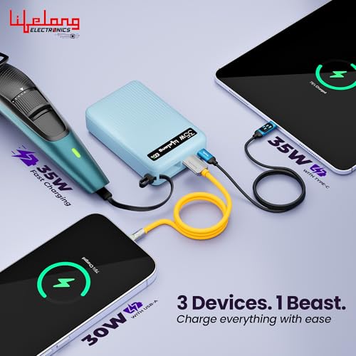 Image of Lifelong Electronics 20000mAH 35W Fast Charging Small Pocket Size Power Bank | Built-in 35W (1.5X Faster) Type-C Cable & Port | Flight Friendly | USB-A (30 W) Output Powerbank for iPhone, Android, Mac