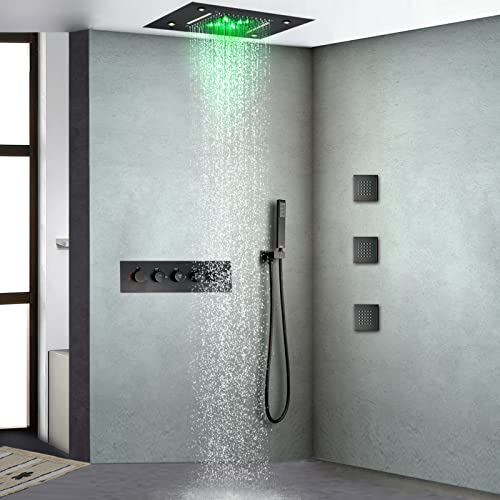 Dulabrahe Oil Rubbed Bronze Thermostatic Rain Shower Faucet System 14 X 20 Inch Led Waterfall Rainfall Shower Head Bathroom Mixer Set Body Sprayer Jet All Functions Can Work Together #TOP7