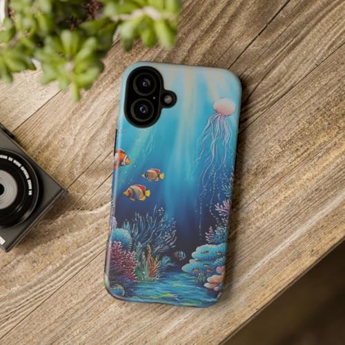 Coque iPhone 16 Plus rigide mate bleu motif récif corallien