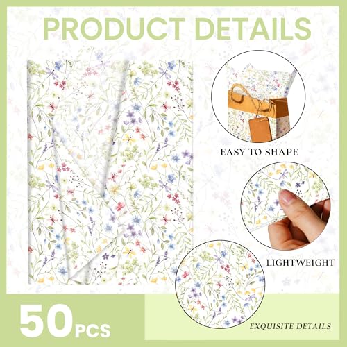 JeVenis 50 Blatt Wildblumen Geschenkpapier mit Blumenmuster für Babyparty Hochzeit Geburtstag Brautparty und Partydekoration