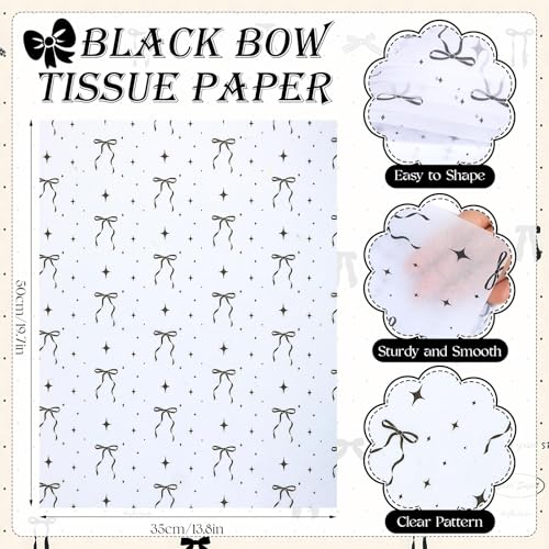 Pineraap 100 folhas de papel de seda de laço preto, lindo laço impresso papel de embrulho de present