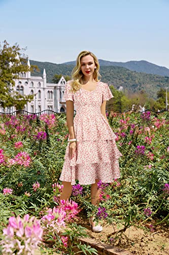 Image of Belle Poque Women's Vintage Square Neck Dress 2026 Summer Short Sleeve Layered Tiered Ruffle A-line Swing Midi Dress