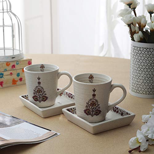 Image of Miah Decor Stoneware Coffee Mugs Set of 2 with 2 Matching Platters | Ceramic Coffee Mug Set | Tea Cups & Mugs | Food Safe, Microwave & Dishwasher Safe | Traditional Ethnic Printed Coffee Mug Gift Set