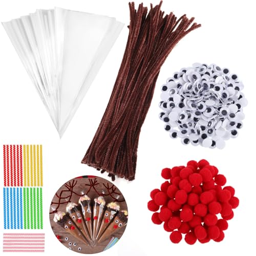 Brown Pipe Cleaners Reindeer Kit, 100 Pipecleaners 100 Sweet Cones Bags with Ties 100 Red Pom Poms 200 Googly Eyes Self Adhesive Christmas Craft Supplies