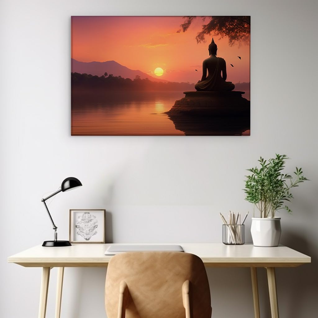 Tranquil Buddha Silhouette Against Sunset, Inspiring Mindfulness and Peace Large, Decor, Office, Bedroom Wall. Size: 130x86 cm (51x34 inch) Canvas Wall Art - Modern Home Decor