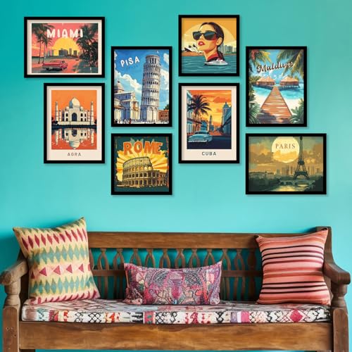Image of kotart Retro Travel Theme - Modern Art City Vibes Wall Decor Photo Frames - Framed Posters - Wall Poster with Frame for Room Office Living Room Hotel Home Decor Set of 8 (Art 5, Big(13x17 or 13x13 inch), Framed)