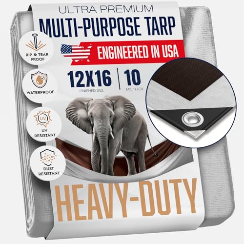 12x16 Heavy Duty Tarp, 10 Mil Thick, High Durability, Tear & Fade Resistant, UV Treated, Grommets Every 18 Inches (12' x '16')