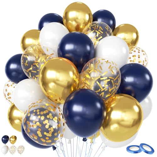 Image of Navy Blue Gold Balloons, 60 Packs 12 Inch Dark Blue White Gold Metallic Chrome Confetti Party Balloons with Ribbons for Birthday, Wedding, Baby Shower, Graduation Father's Day Decorations