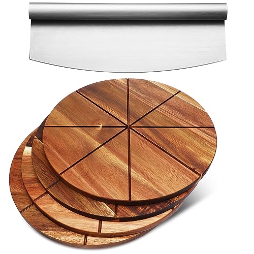 Uiifan 5 Pcs Acacia Pizza Cutting Board and Pizza Cutter Set Includes 4 Pcs 13.5'' Round Wooden Pizza Board Stainless Steel Pizza Cutter for Pizza Cake Cheese Pies Kitchen Accessories