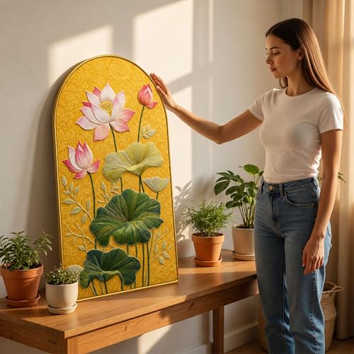 Image of Livin'luxe Lotus Flower Wall Painting for Living Room, Yellow Botanical Artwork with PVC Golden Frame, Premium Decorative Wall Art for Home, Bedroom, Office & Gift (30 x 16 Inch) RPNL-01-90