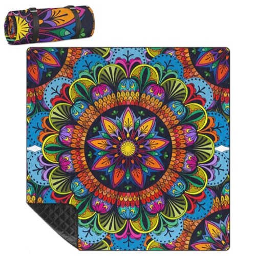 Shimoshe Extra Large Picnic Blankets 79”x 79”, Indian Tribe Mandala Waterproof Foldable Picnic Mat with Straps Portable Beach Blanket for Camping Park Grass Beach Indoor