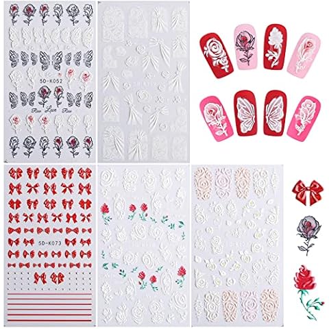 Kalolary 5 Stück 5D Nagel Aufkleber, Valentinstag Selbstklebend Harz Nagelaufkleber Cover