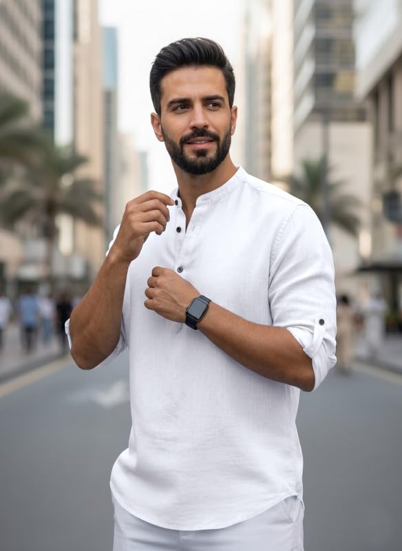 Image of Men Cotton Blend Mandarin Collar Casual Kurta Shirt | Roll-Up Sleeves | Regular Fit Ethnic Short Kurta for Daily