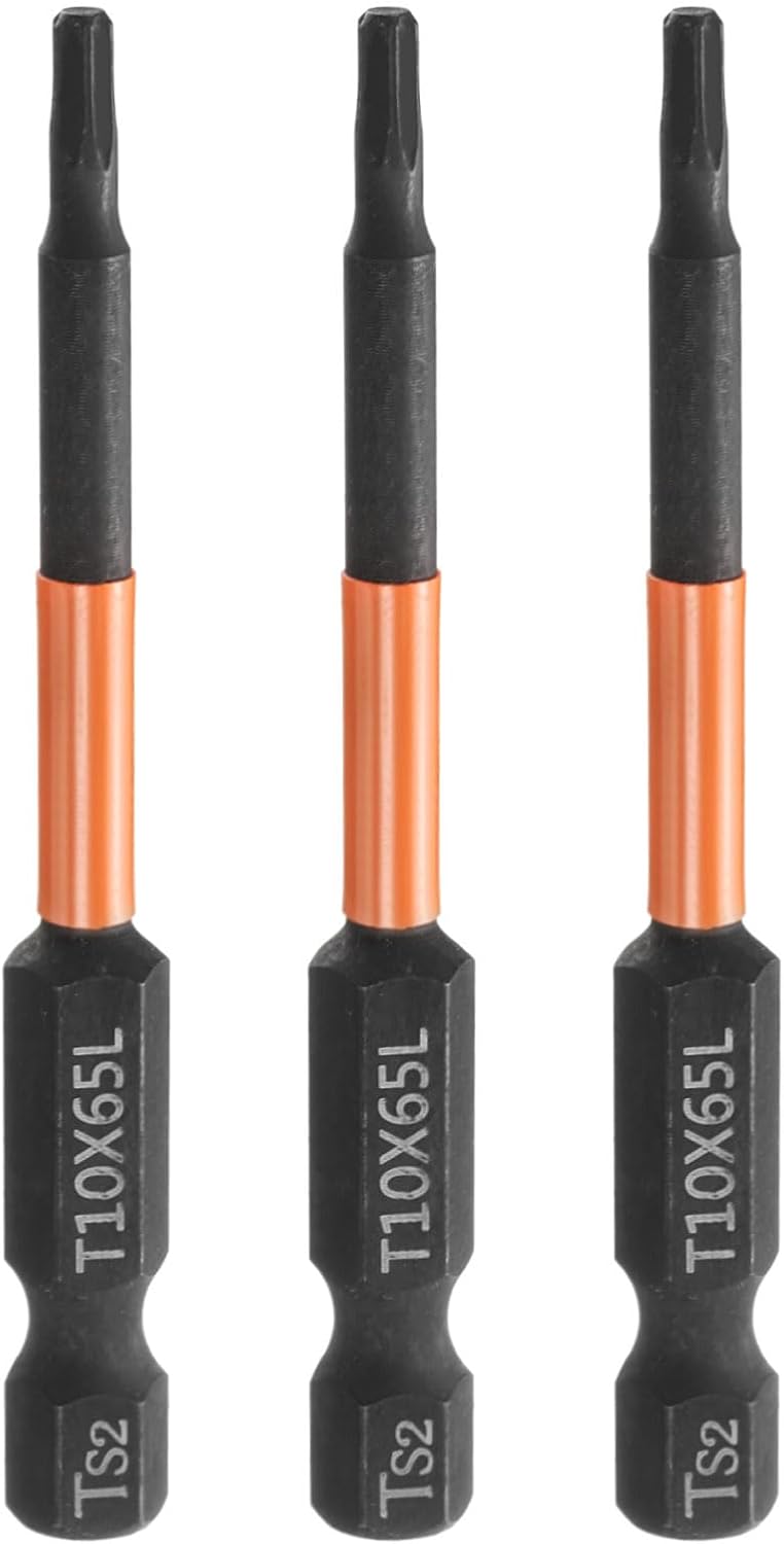 HARFINGTON 3pcs T10 Torx Head Screwdriver Bit 2.56" (65mm) Long 1/4" Hex Shank Magnetic No Hole Tamper Proof 6 Point Star Screw Driver Drill Bits Phosphate S2 Steel Industrial Power Tools