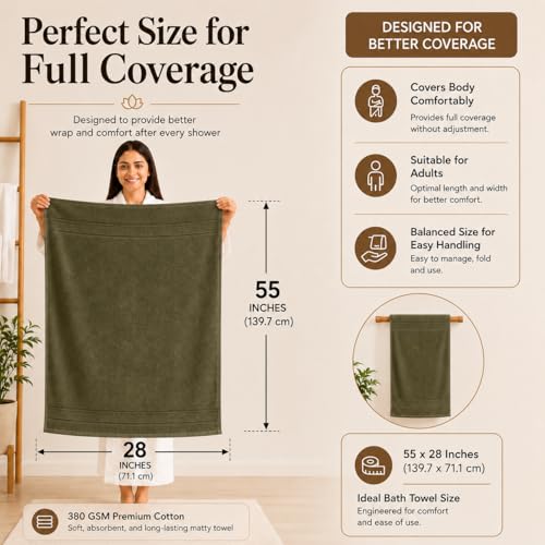 Image of 100% Pure Cotton Bath Towel for Men & Women | 380 GSM Ultra Soft, Highly Absorbent & Quick Dry Bath Towel | Large 55 x 28 Inch Matty Terry Towel for Bathroom, Gym, Travel & Daily Use | Olive Green