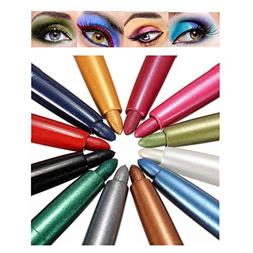 Fashionwu Waterproof Eyeliner, 12 Colors Eye Liner Eyeshadow Pencil Eye Shadow Highlight Pen, Professional Long-Lasting Milti-Functional Cosmetics Makeup Tool (1 Set - 12pcs)