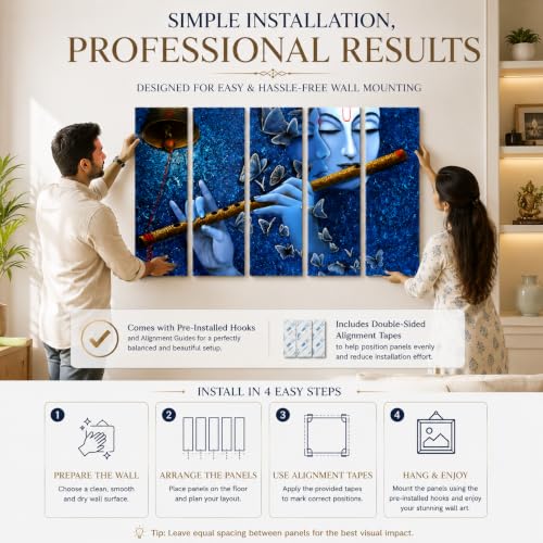 Image of Kyara Arts Krishna Wall Painting for Living Room Big Size with Wooden Frame | Premium Vinyl Print with Textured Finish | Krishna with Flute, Spiritual Wall Decor for Home Decoration | Ideal Gift Option (36 x 60 In)