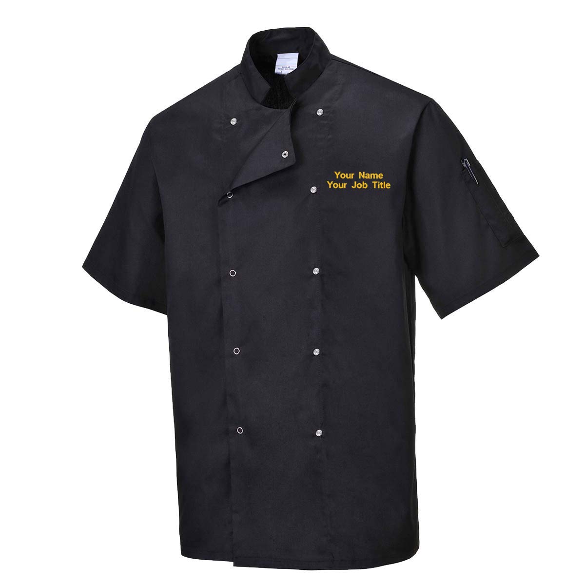 Workwear World Personalised Unisex Short Sleeve Stud Fastening Chef Jacket with Custom Embroidered Name (XXL, Black)