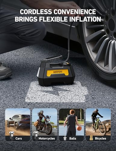 Image of AstroAI H2 Pro Tire Inflator Portable Air Compressor Fully Upgraded Air Pump with DC 12V /Battery Dual Power Supplies Digital Pressure Gauge Fast Inflation Pump for Gift Cars Motorcycles Bikes Yellow