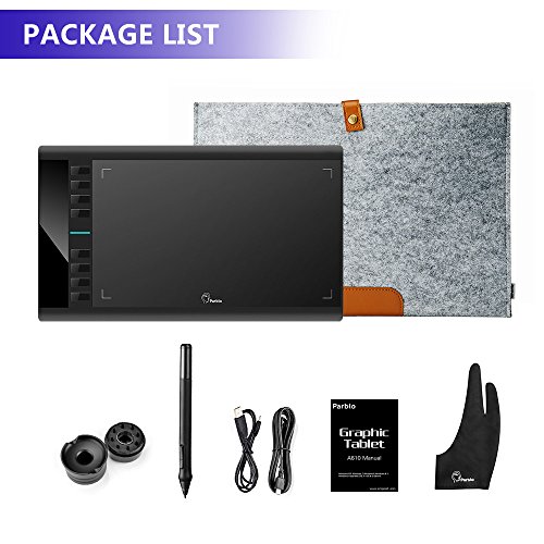 Parblo A610 Graphic Drawing Tablet with 2048 Levels Pressure Pen, Carry Bag, Drawing Tablet Glove, 10" x 6" Drawing Tablet for Digital Art Works