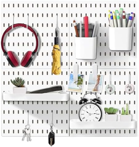 17 Piece Pegboard Combination kit, 4 Peg board and 13 Accessories Modular Hanging for Wall Organizer Crafts Organization, Ornaments Display, Nursery Storage, White peg board，22''x22''