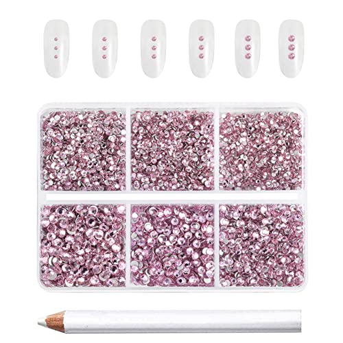 Beadsland 7200 Pcs Flatback Rhinestones for Nails,Pink Round Small Crystal Glass Rhinestones Gems for Crafts,Mixed 6 Sizes with Wax Pencil Kit,SS3-SS10,Light Rose/Light Pink