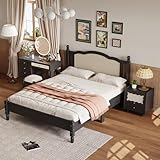 TREATLIFE HOME 3 Pieces Bedroom Set with Queen Size Wooden Bed Frame, Vintage Nightstand, Makeup Vanity Set with Stool, Black