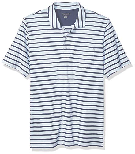 Amazon Essentials Men's Regular-Fit Pocket Jersey Polo, Light Blue Stripe, Large