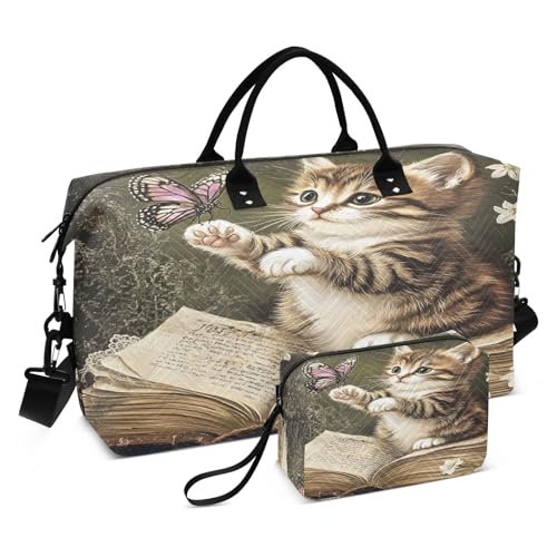 Weekender Bags Travel Duffel Gym Bag Kitten Butterfly Carry on Overnight Tote Bag with Toiletry Bag for Airplane Travel Trip Gym Yoga