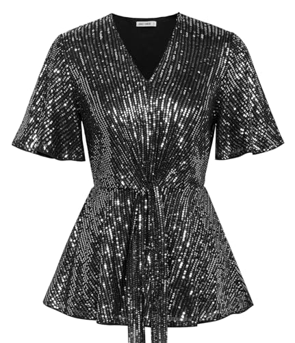 GRACE KARIN Black Silver A-Line Peplum Short Bell Sleeve Sequin Tops for Women UK Elegant V-Neck Casual Blouse S