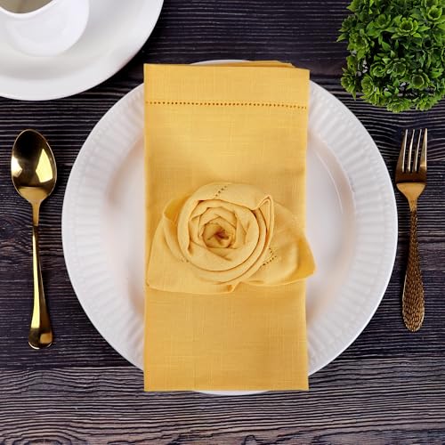 Image of FINGERCRAFT Hemstitched Cotton Table Napkins - Set of 6, 20x20 Inch, 100% Cotton Cloth Napkins with Faggoting Stitching - Durable & Elegant for Parties, Everyday Use (Yellow Slub)