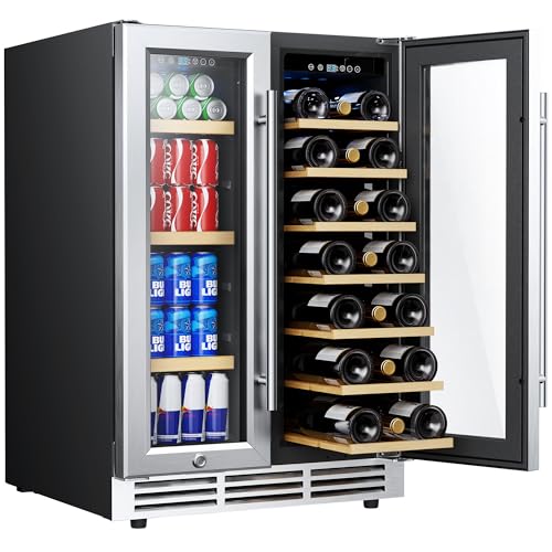 EUHOMY Wine and Beverage Refrigerator, 24 Inch Dual Zone Wine Cooler with Glass Door Hold 21 Bottles and 88 Cans, Built in or Under Counter Wine Fridge with Blue LED Light